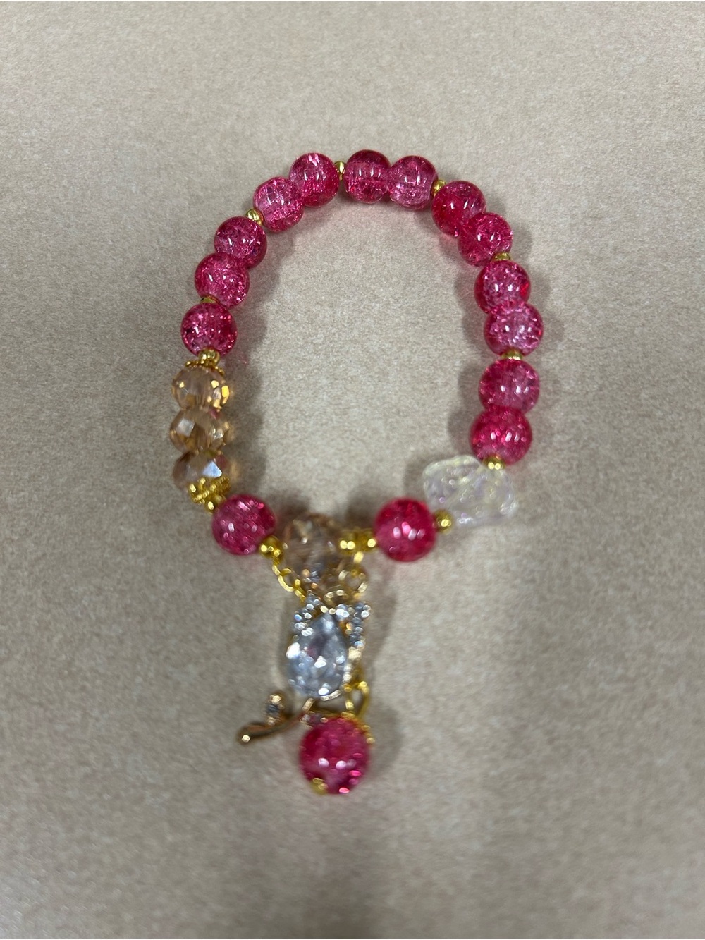 Pink Crystal Beaded Charm Bracelet - Gold Accents